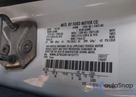 2019 Ford Transit Connect Xl z USA, uszkodzony, nr VIN NM0LS7E22K1413171